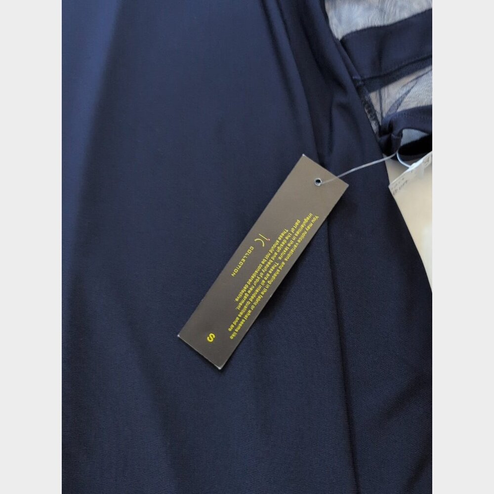 IC CONNIE K COLLECTION Stretch Sheer Mesh Trim Navy Tunic Dress - Small - New - Picture 3 of 6